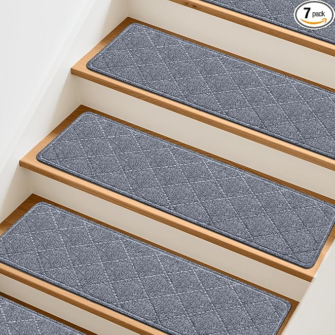 Stair Treads Non-Slip for Wooden Steps, 7Pack - 8" x 30" Edging Stair Runner Indoor for Kids Elders & Pets, Washable Carpet Stair Treads with Peel & Stick Reusable TPE Backing, Grey