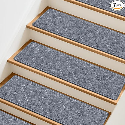 Stair Treads Non-Slip for Wooden Steps, 7Pack - 8" x 30" Edging Stair Runner Indoor for Kids Elders & Pets, Washable Carpet Stair Treads with Peel & Stick Reusable TPE Backing, Grey