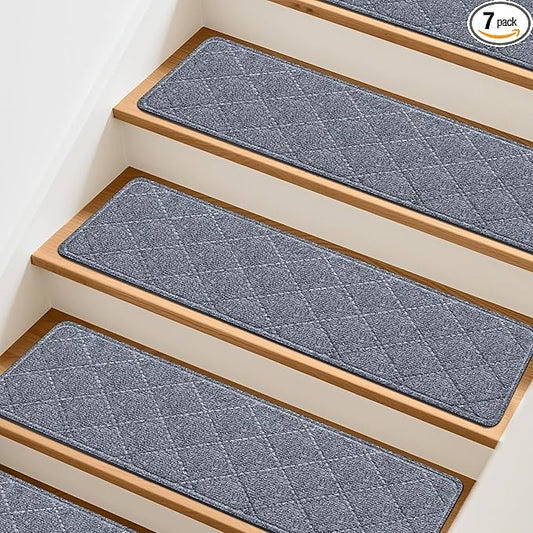 Stair Treads Non-Slip for Wooden Steps, 7Pack - 8" x 30" Edging Stair Runner Indoor for Kids Elders & Pets, Washable Carpet Stair Treads with Peel & Stick Reusable TPE Backing, Grey