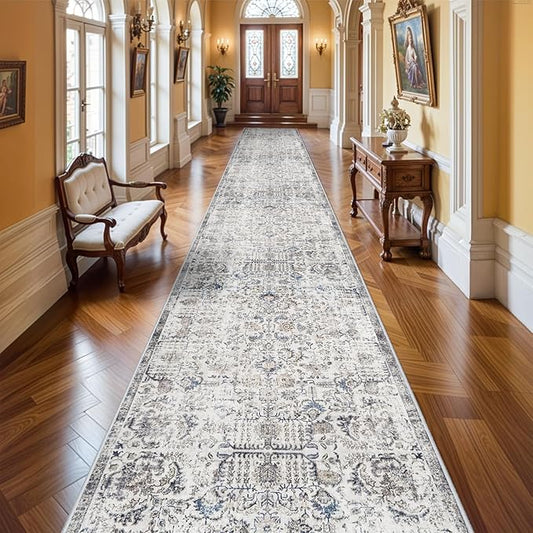 3x20 Washable Hallway Runner Rug - Extra Long Kitchen Rug with Non Slip Rubber Backing Ultra-Soft Low Pile Floor Carpet for Living Room Bedroom Dining Room Distressed Home Decor Mat (3x20,Brown/Blue