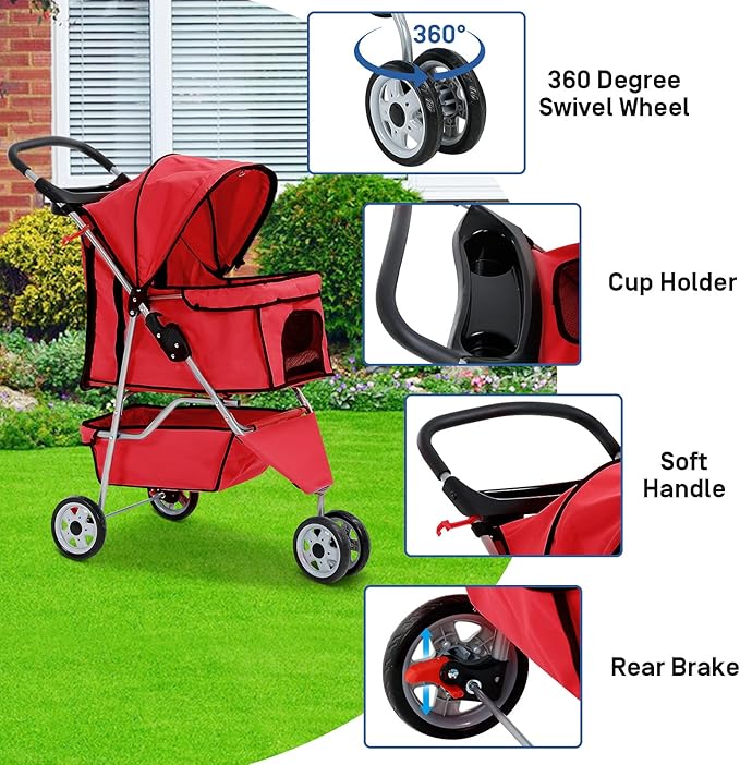 Best 3 Wheels Pet Stroller for Dog Stroller Cat Stroller, Lightweight and Foldable Pet Jogger Stroller, Carrier Strolling Cart W/Cup Holders Removable Liner for Small and Medium Dog Cat or Pet - Red