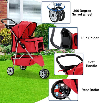 Best 3 Wheels Pet Stroller for Dog Stroller Cat Stroller, Lightweight and Foldable Pet Jogger Stroller, Carrier Strolling Cart W/Cup Holders Removable Liner for Small and Medium Dog Cat or Pet - Red