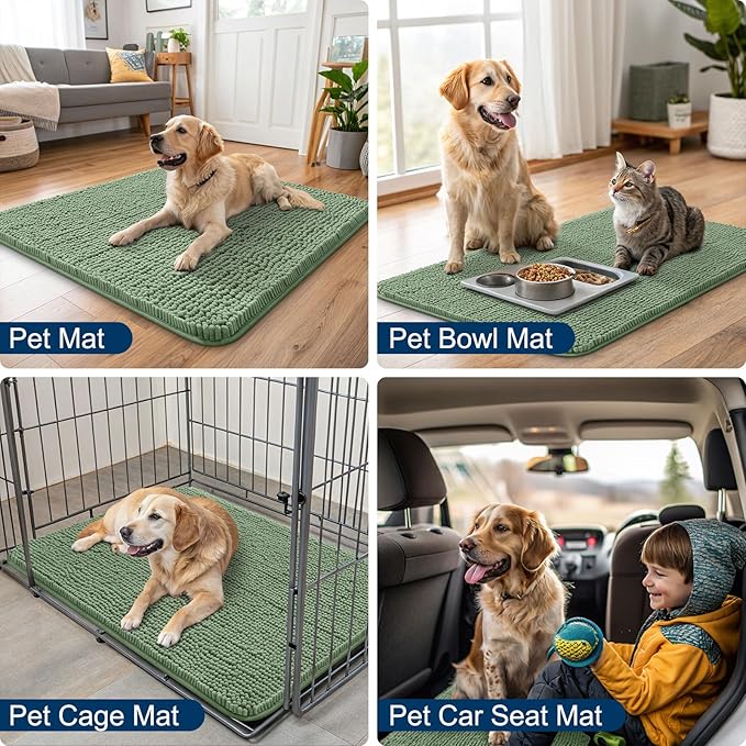 Smiry Dog Door Mat for Muddy Paws 71x46, Absorbs Moisture and Dirt Doormat, Non-Slip Washable Quick Dry Chenille Front Door Mat Indoor Entrance, Entryway Carpet for Inside Floor, Olive Green