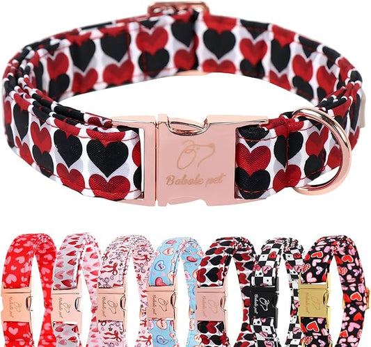 Valentines Dog Collar, Red Black Heart Valentine Pet Collar with Metal Buckel, Durable Adjustable Holiday Dog Collars for Small Medium Large Dogs M