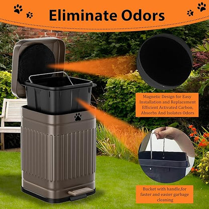 Dog Poop Trash Can Outside, 5L/1.3Gal Metal Dog Waste Trash Can with Lid, Foot Pedal, Pet Waste Container with 40 Bags, Poop Bucket with Lid Soft Close for Pet, Brown