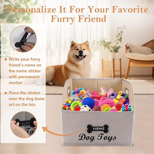 Geyecete Big Dog Toys Storage Bins Canvas Foldable Fabric Trapezoid with metal handles pet Baskets,Can be Personalized,Storage Bin Large toy box Organizer-KhakiStripe