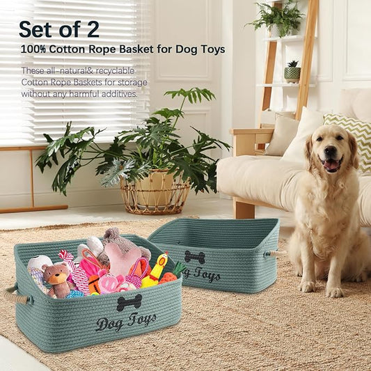 2 pack Woven Dog Toys Basket, 100% Cotton Rope Dog Toy Box for Living Room Area, Trapezoid Pet Toys Bin with Sturdy Handle, Puppy Bed, Green Baskets for Pet Toys/Collar/Leash/Blanket