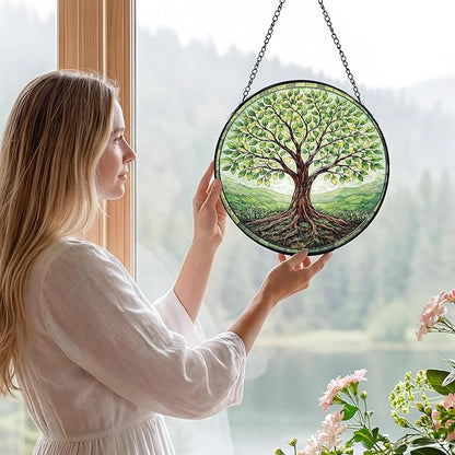 Sanwarm Stained Glass Window Hanging, Tree-of-Life Green Suncatcher Window Decor for Indoor Home Sun Catcher Ornament, Mother’s Day & Birthday Gift for Women, Men, Mom & Nana, 7.8 in