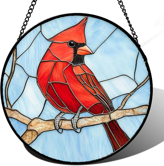 Stained Glass Window Hanging Cardinal Birds 7.8" - Suncatcher Door Garden Sun Catcher Home Decor Christmas Birthday for Bird Lovers Woman Her Nana Wife Men Mom