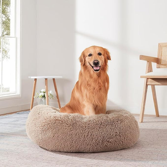 Dog & Cat Bed: Round Faux Fur Pet Bed - Plush, Cozy, & Calming Donut Bed for Large Pets - Soft & Comfortable Sleeping Cushion for Napping & Lounging, 30" Round, Taupe