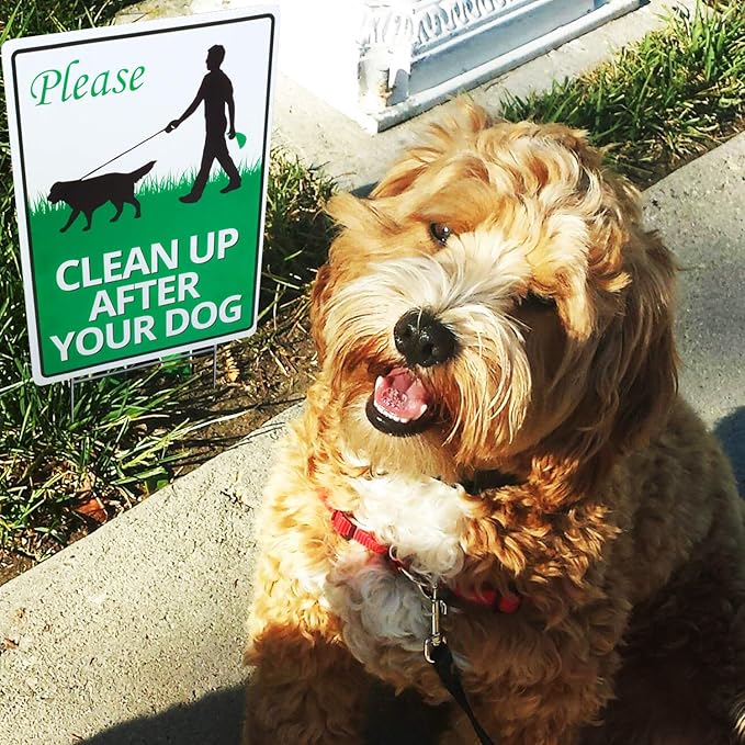 ANLEY Clean Up After Your Dog Sign with Metal Stake - Quick & Easy Install - Clean Up After Pet Warning, Cat Lawn Signs Double Sided Weather Fade Resistant for Yard Garden Grass 12" x 9"