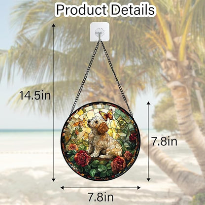 Stained Glass Window Hanging, Cute Dog and Flowers Suncatcher for Doors Home Butterfly Sun Catchers Decoration and Christmas, Mother's Day Birthday Gifts for Women, Men, and Mom 7.8 in
