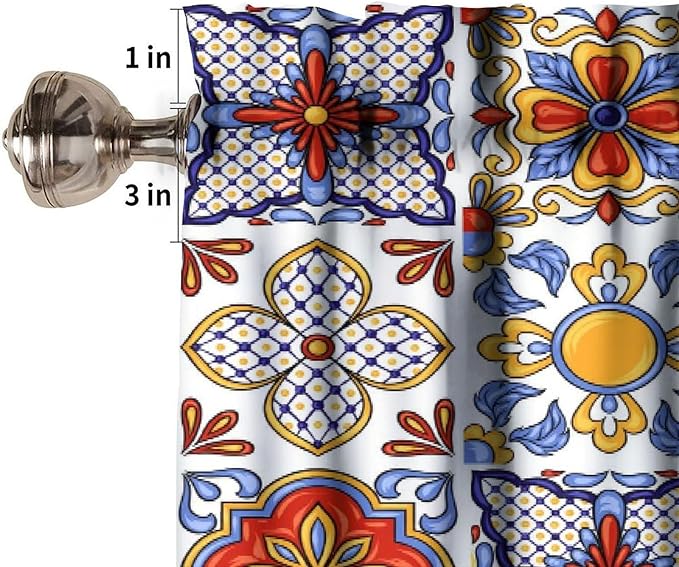 Mexico Valances Curtain for Kitchen, Mexican Talavera Ceramic Tile Patchwork Pattern Window Treatment Valances Short Curtains Rod Pocket Drape for Dining Room Home Farmhouse Decor, 54x18inch