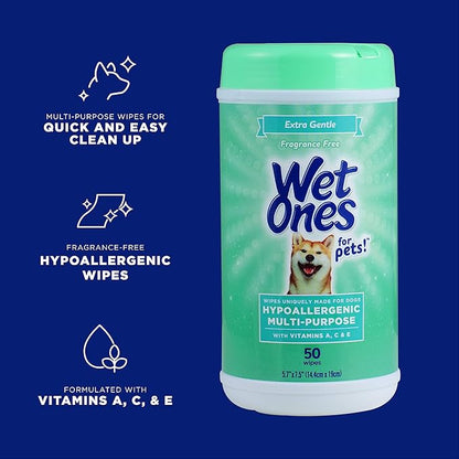 Wet Ones for Pets Multi-Purpose Dog Wipes with Vitamins A, C & E | Fragrance-Free Dog Wipes, Pet Wipes Multipurpose | Dog Grooming Wipes (Pack of 3, 150 Count Total)