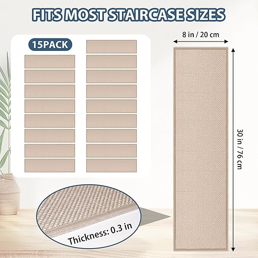 Peel and Stick Adhesive Stair Treads for Wooden Steps Indoor Set of 15 Pack, Rubber Backed Non Slip Jute Stair Rug Step Pads for Pet Dog, Elders and Kids, Beige