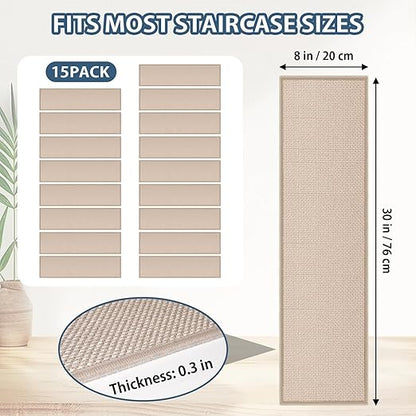 Peel and Stick Adhesive Stair Treads for Wooden Steps Indoor Set of 15 Pack, Rubber Backed Non Slip Jute Stair Rug Step Pads for Pet Dog, Elders and Kids, Beige