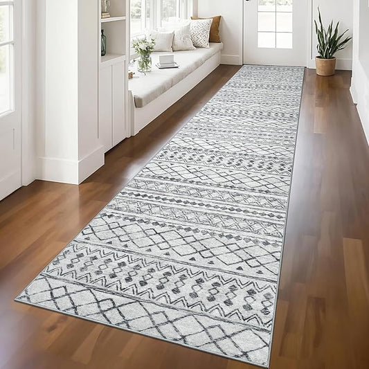 KUTA Hallway Runner Rug 2.6x12 Non-Slip Washable, Moroccan Vintage Beige Boho Long Kitchen Rug Ultra Soft Distressed Geometric Floor Carpet Runners for Bedroom Laundry Stairway Entryway