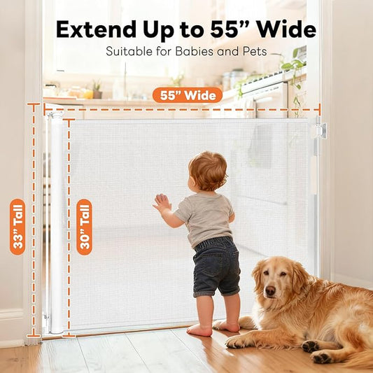 Retractable Baby Gates for Doorways, Mesh Dog Gate for Stairs, Pet Gate Indoor, Extends to 55" Wide 33" Tall, Safety Toddlers Gates for Hallways, Indoor & Outdoor Use, White