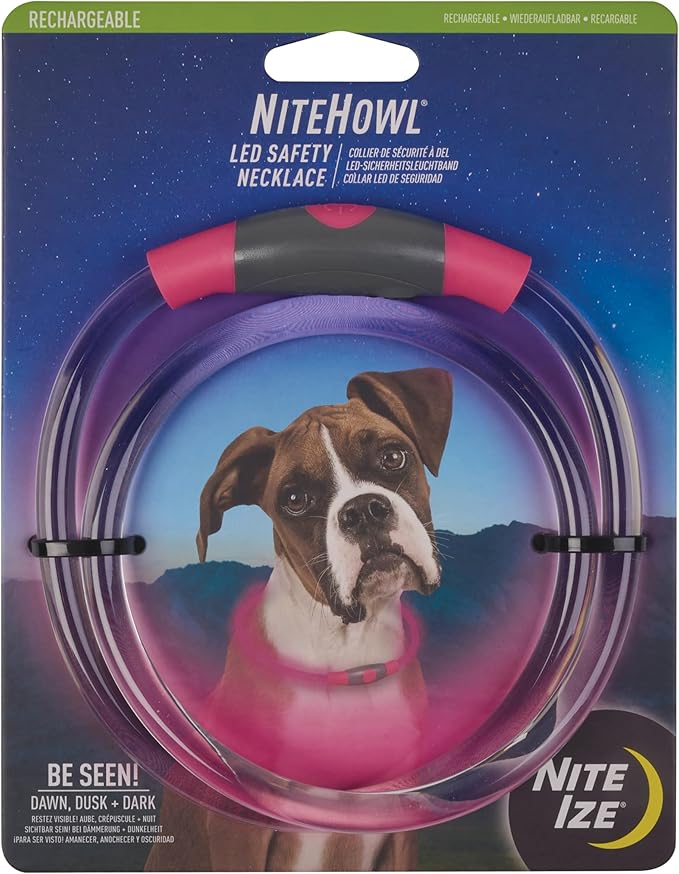 Nite Ize NiteHowl Rechargeable LED Safety Necklace - Dog Light for Dog-Walking Gear - Weather-Resistant Design - 5 Hours Runtime - Cut to Fit from 12” to 27” - Tie Dye Pink