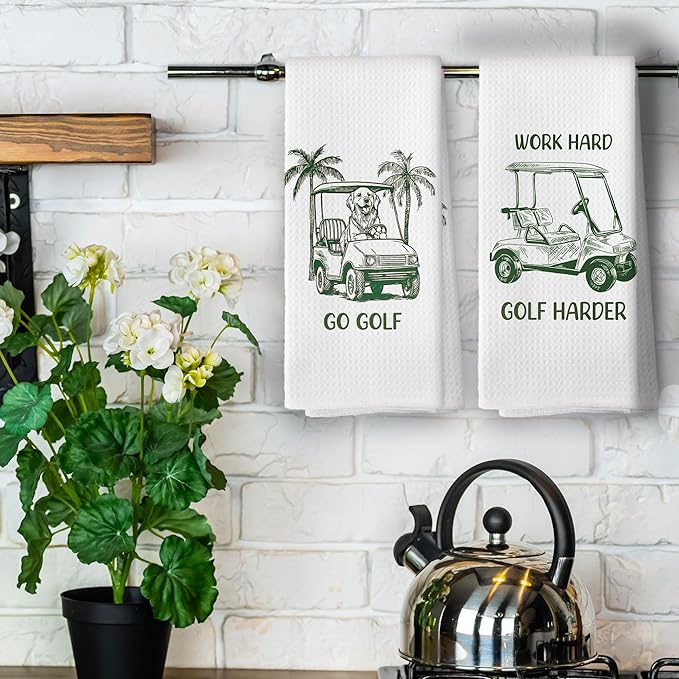 Golf Dog Kitchen Towels - Golden Retriever Dish Towels, Sports Gifts, Pet Golf Club Decorative Absorbent Dishcloths Hand Towels Set of 2 for Gym Spa Kitchen Decor 16x24 Inches