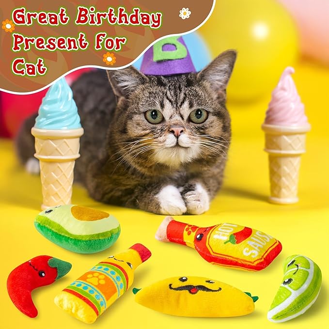 L1rabe Mexican Catnip Stuffed Toys - Summer Gift 6Pcs Cinco de Mayo Carnival Funny Cat Toys for Cat Lovers, Carnival Sause Avocado Indoor Kitten Chew Bite Kick Interactive Pet Supplies Kitten