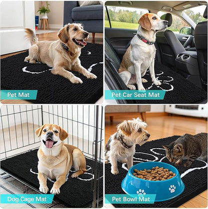 OLANLY Dog Door Mat for Muddy Paws 59x32, Paw Print Design, Absorbs Moisture and Dirt, Absorbent Non-Slip Washable Doormat, Quick Dry Chenille Mud Mat for Dogs, Entry Indoor Entryway Carpet, Black