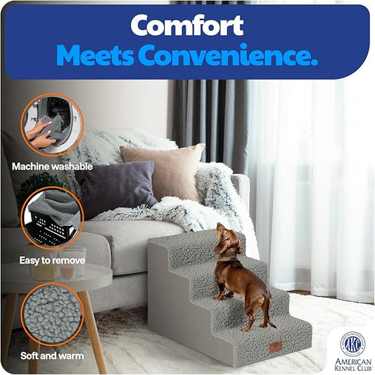 AKC 4-Step Pet Stairs – Durable, Non-Slip Steps for Small Dogs and Cats, Washable Cover, Simple No-Tool Assembly, Supports Up to 50 lbs