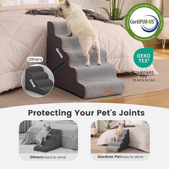 Gardner Pet Dog Stairs for Small Dogs 22.5" H, 2 in 1 Transformable 5-Step Pet Stairs and ramp, Dog Steps for Couch bed (23~27 in) with Durable Non-Slip Waterproof Cover and CertiPUR-US Certified Foam