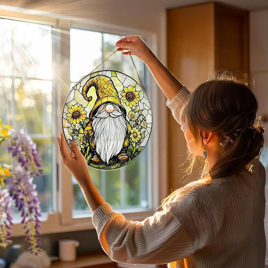 8″ Stained Glass Window Hanging Ornament, Sunflower Gnome Stained Glass Suncatcher Ornament, Sun-Catcher Window Decor | Christmas & Birthday Gifts, Festival Gifts | Gift for Her