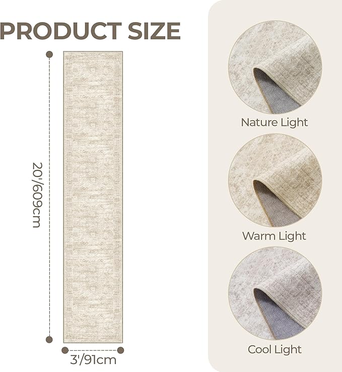 3x20 Washable Runner Rug for Hallway, Non-Slip Long Hallway Runner for Entryway, Soft Vintage Kitchen Mats for Floor, Abstract Dining Room, Bedroom, Living Room Rugs(3'x20', Beige/Ivory)