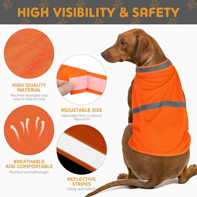 Dog Reflective Vest, Orange Dog Hunting Vest for Outdoor, Adjustable Pet Jacket, Soft Pet Safety Clothes for Small Medium Large, 2 Packs