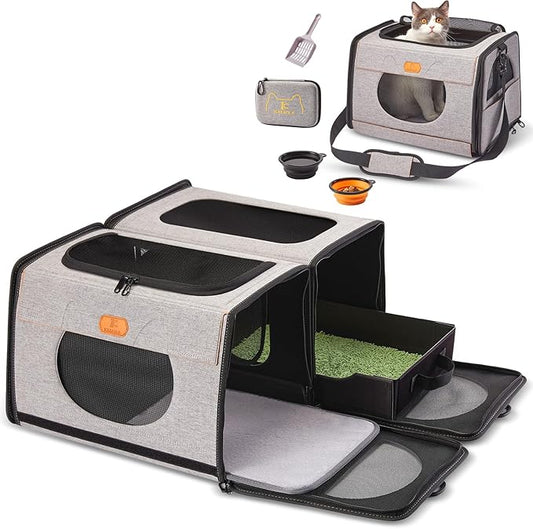 IC ICREATE.X Large Cat Carrier with Litter Box for Car Travel, Pet Carrier Bag 2-in-1，Double Cat Travel Transport Carrier for Long Distance, Collapsible Dog Crate, Cat Bag for Kitten 2 Cats