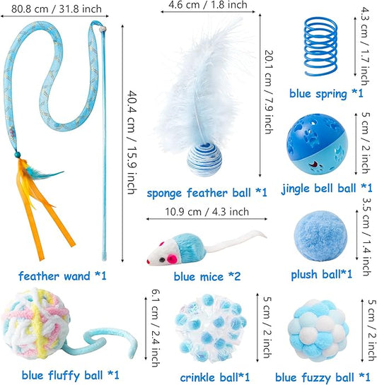 MALLMALL6 Cat Toy Set Interactive Cat Toys 10Pcs Pack Including Cat Springs Feather Teaser Wand Mice Crinkle Balls and Pet Bell Balls, Puzzle Interactive Pet Gift Pack Toys for Indoor Kitten (Blue)