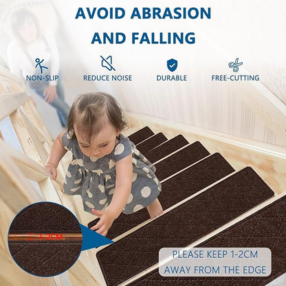 Stair Treads for Wooden Steps Indoor, 7 Pack 8" X 30" Non Slip Carpet Stair Treads with Reusable Adhesive for Kids Elders and Dogs, Surface Polyester TPR Backing Stair Rugs, Brown