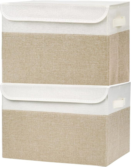 Large 42 Quarts Fabric Storage Bins with Lids [2-Pack] Linen Collapsible Foldable Baskets, Closet Organizer Containers boxes with Handles for Home Office (16.7 x 12 x 12, Beige & White)