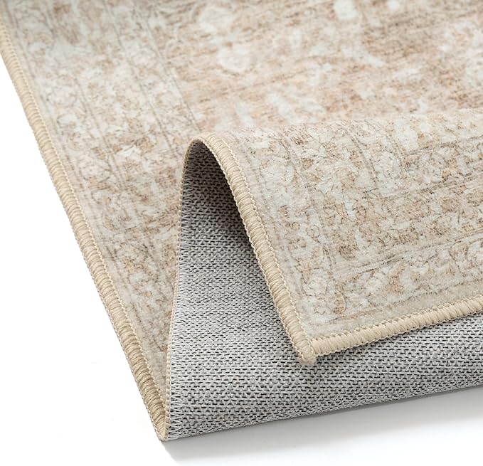 2x6 Runner Rug Washable Beige Vintage Hallway Kitchen Carpet Indoor Non Slip Small Low Plie Thin Bedroom Bathroom Rug Retro Accent Throw Dining Living Room