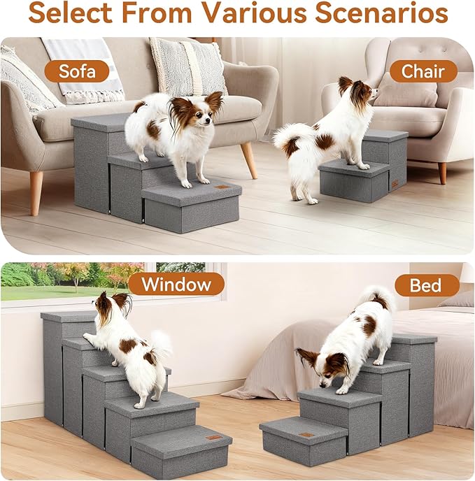 Dog Stairs 15" H, 2-Step Wider Dog Steps for Small/Medium/Large Old Dogs Cats, Folding Sturdy Storage Pet Stairs Climbing Bed Couch, Dog Ramp for Car Hold Up to 150 lbs(Gray, with Condo)