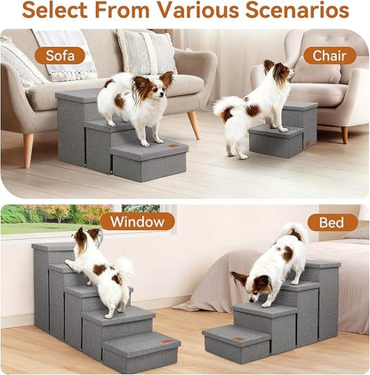 Dog Stairs 15" H, 2-Step Wider Dog Steps for Small/Medium/Large Old Dogs Cats, Folding Sturdy Storage Pet Stairs Climbing Bed Couch, Dog Ramp for Car Hold Up to 150 lbs(Gray, with Condo)