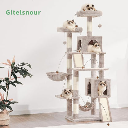 Gitelsnour Cat Tree for Indoor Cats, 71'' (180cm) Multi-Level Cat Tower for Large Adult, Sturdy Cat Tree House with 2 Scratching Boards 7 Posts, 2 Plush Perches/Condos, Hammock, Muchroom GCT032MU