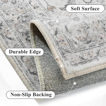 Taup Runner Rug 2x8 Washable Vintage Long Carpet Low Pile Traditional Distressed Retro Accent Indoor Hallway Throw Rug Non Slip for Kitchen Laundry Bathroom Dining Room