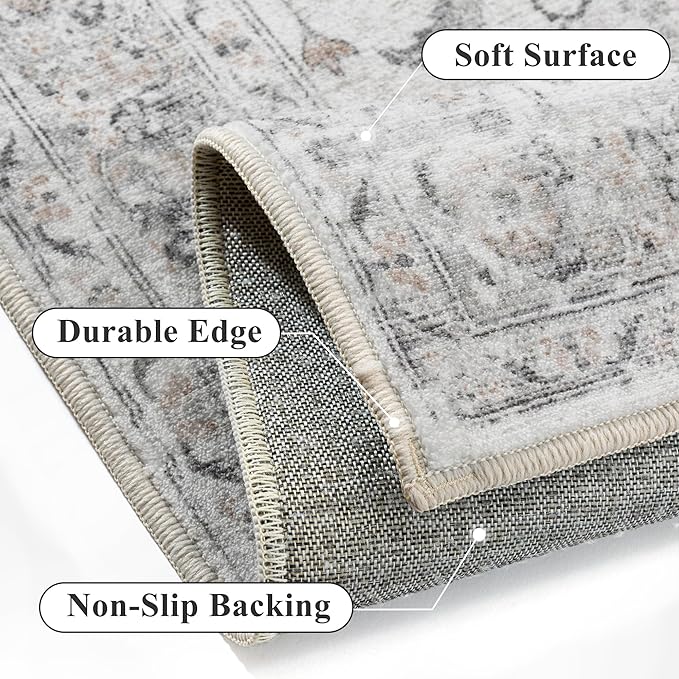Taup Runner Rug 2x6 Washable Vintage Long Carpet Low Pile Traditional Distressed Retro Accent Indoor Hallway Throw Rug Non Slip for Kitchen Laundry Bathroom Dining Room