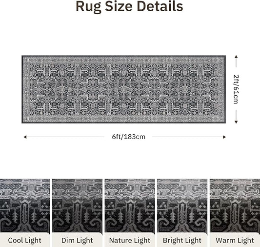 2x6 Hallway Washable Runner Rug - Soft Non Slip Vintage Rugs for Entryway Low-Pile Farmhouse Neutral Kitchen Runners Living Room Floor Mat Stain Resistant Distressed Carpet for Bedroom Bathroom Black