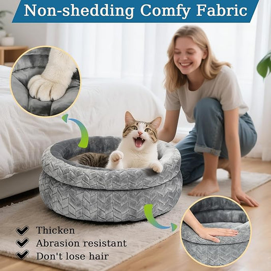 Dual-Layer Donut Cat Bed - Fluffy Round Bed for Small Pets - Ultra-Soft Cat Donut Bed for Cozy Sleep (Grey, 16 * 16 * 5.5 inch / 40 * 40 * 14 cm)