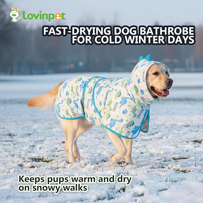 LovinPet 3‑in‑1 Dog Warm Winter Coat & Bathrobe, Hooded Dinosaur Fleece, Lightweight High‑Loft, Absorbent Knit, Quiet Hook‑and‑Loop, Wind‑Blocking Edges, Dog Robes for Medium & Large Dogs, White,XL