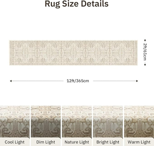 Hallway Washable Runner Rug 2x12 - Non Slip Vintage Kitchen Runner Rugs for Entryway Low-Pile Waterproof Long Runners for Living Room Bedroom Medallion Indoor Floor Mat for Bathroom Laundry Beige