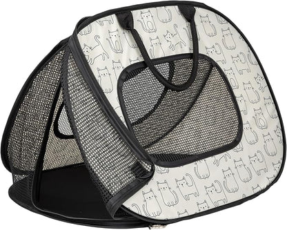 SportPet Designs Pop Open Cat Carrier, Soft-Sided Collapsible Travel Carrier for Cats up to 15 lbs, Lightweight Portable Design with Mesh Ventilation & Secure Zippers, Cat Print