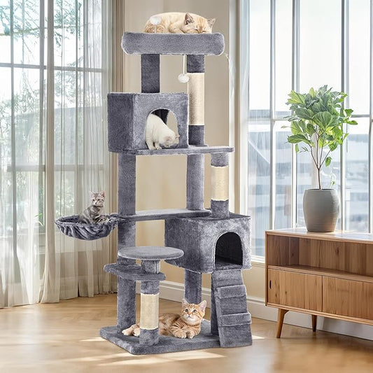 YITAHOME 70.8-Inch Tall Cat Tree Indoor: Multi-Level Kitten Tower with Kitty Condos, Top Perches, Scratching Posts & Cozy Basket Pet Play House Light Gray