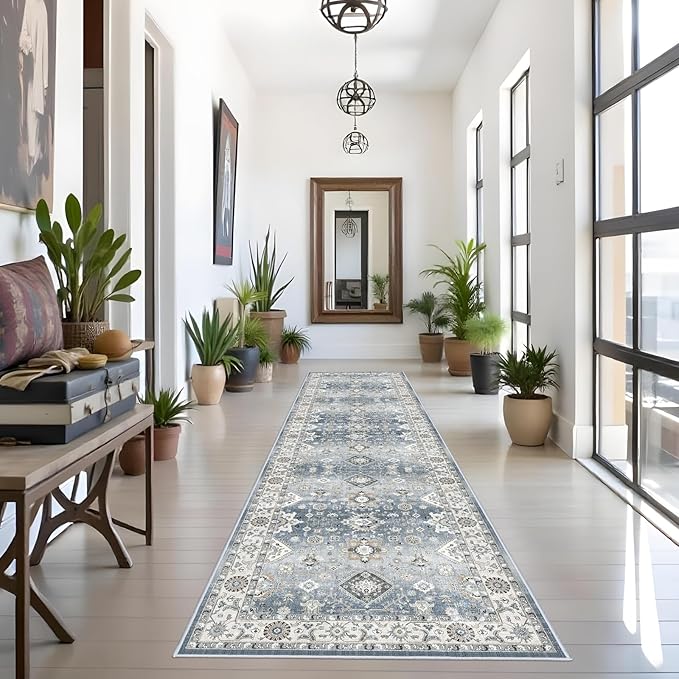 3x12 Washable Hallway Runner Rug: Oriental Long Ultra Soft Runners for Kitchen Entry Thin Non Slip Bathroom Nursery Floor Mat Water Resistant Low Pile 12ft Carpet for Living Room Bedroom (Grey,3x12)