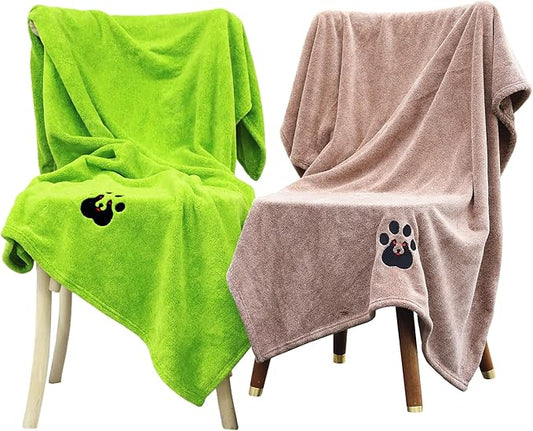 Extra Large Dog Towel - Pack of 2 - Super Absorbent Soft Microfiber Pet Bath Grooming Towels for Drying Dogs and Other Pets (XL-55" * 36", Green and Brown)