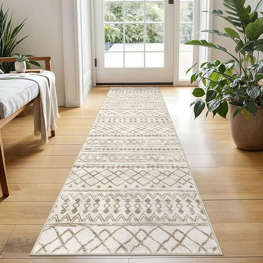 KUTA Boho Hallway Runner Rug 2x5 ft Moroccan Washable Non-Slip Vintage Beige Kitchen Rugs Ultra Soft Distressed Geometric Floor Carpet Runners for Bedroom Laundry Living Room